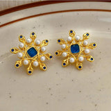 Vintage Simulated Pearl Flower Earring 925 Silver Needle for Women