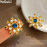 Vintage Simulated Pearl Flower Earring 925 Silver Needle for Women