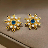 Vintage Simulated Pearl Flower Earring 925 Silver Needle for Women