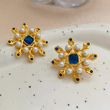 Vintage Simulated Pearl Flower Earring 925 Silver Needle for Women