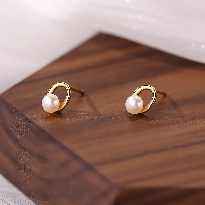 925 Silver Pearl Oval Stud Earrings Geometric Jewelry Minimalist Accessory