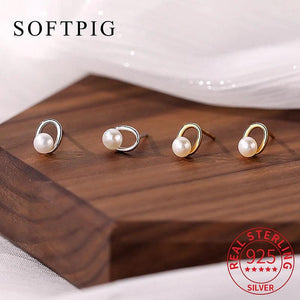 925 Silver Pearl Oval Stud Earrings Geometric Jewelry Minimalist Accessory