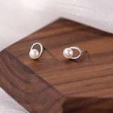 925 Silver Pearl Oval Stud Earrings Geometric Jewelry Minimalist Accessory