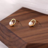 925 Silver Pearl Oval Stud Earrings Geometric Jewelry Minimalist Accessory