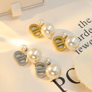 Vintage Double D Pearl Earrings Femininity Titanium Steel Earrings