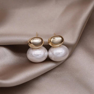 Korea 14K Gold Plated Oval Metal Beanie Pearl Earrings for Women