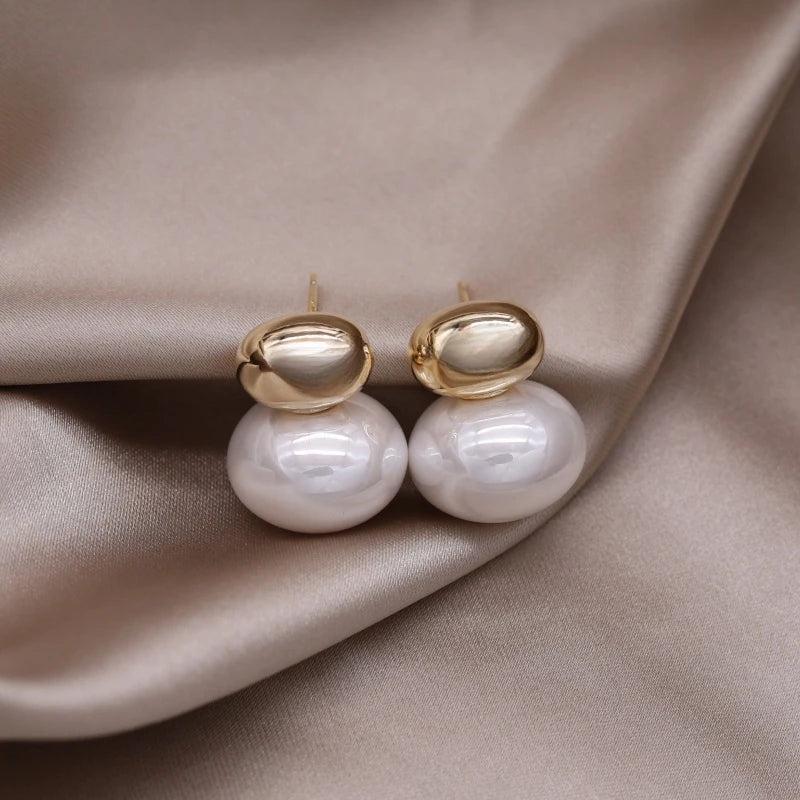 Korea 14K Gold Plated Oval Metal Beanie Pearl Earrings for Women