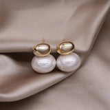 Korea 14K Gold Plated Oval Metal Beanie Pearl Earrings for Women