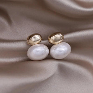 Korea 14K Gold Plated Oval Metal Beanie Pearl Earrings for Women