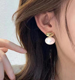 Korea 14K Gold Plated Oval Metal Beanie Pearl Earrings for Women
