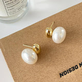 Korea 14K Gold Plated Oval Metal Beanie Pearl Earrings for Women