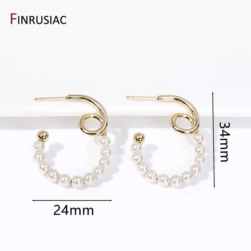 Vintage 14K Plated Pearl C-Shape Hoop Earrings Women's Jewelry