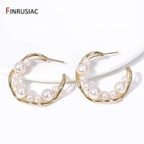 Vintage 14K Plated Pearl C-Shape Hoop Earrings Women's Jewelry