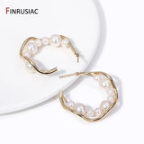 Vintage 14K Plated Pearl C-Shape Hoop Earrings Women's Jewelry