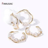 Vintage 14K Plated Pearl C-Shape Hoop Earrings Women's Jewelry