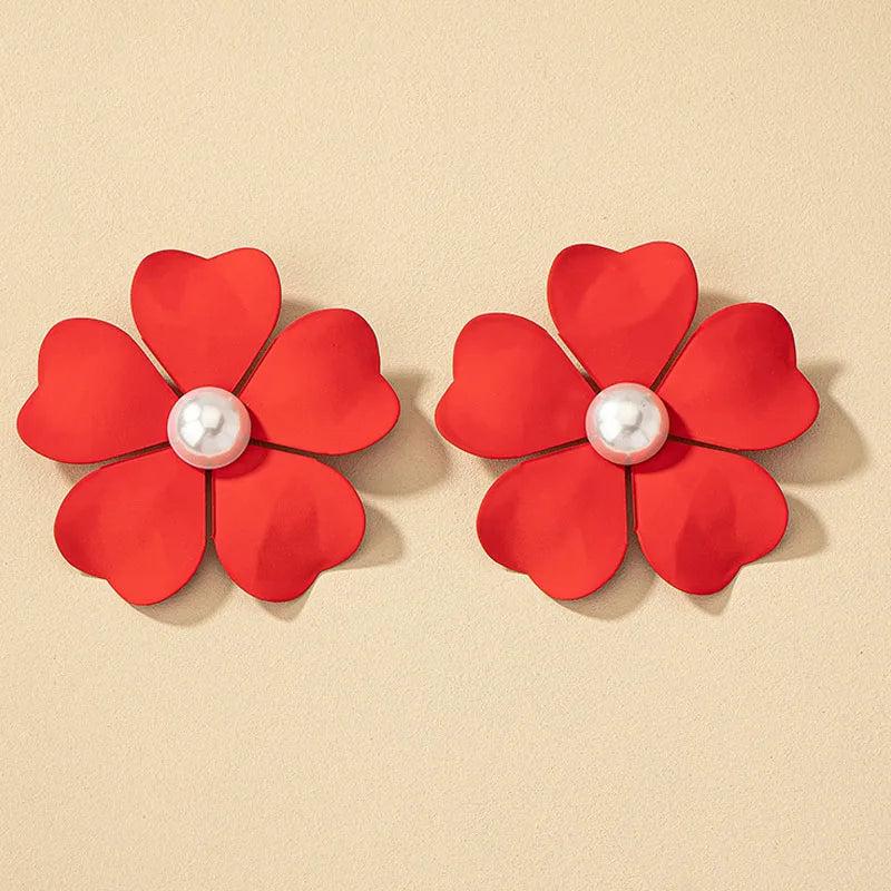 Metal Flower Pearl Post Earrings Enamel Statement Holiday Accessory