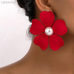 Metal Flower Pearl Post Earrings Enamel Statement Holiday Accessory