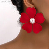 Metal Flower Pearl Post Earrings Enamel Statement Holiday Accessory