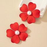 Metal Flower Pearl Post Earrings Enamel Statement Holiday Accessory