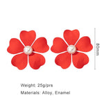 Metal Flower Pearl Post Earrings Enamel Statement Holiday Accessory