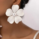 Metal Flower Pearl Post Earrings Enamel Statement Holiday Accessory