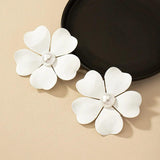 Metal Flower Pearl Post Earrings Enamel Statement Holiday Accessory