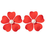Metal Flower Pearl Post Earrings Enamel Statement Holiday Accessory