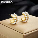 316L Stainl. Pearl Zircon C-Shape Stud Earrings Non-fading Jewelry