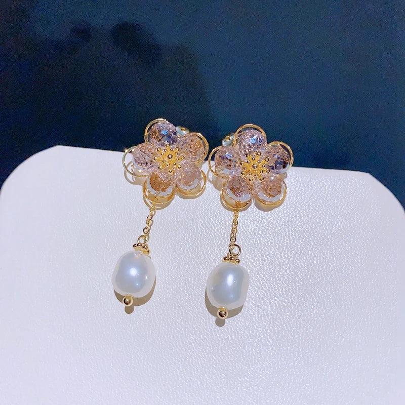 Freshwater Pearl Back Crystal Flower Earrings Jewelry Beaded Stud