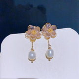 Freshwater Pearl Back Crystal Flower Earrings Jewelry Beaded Stud