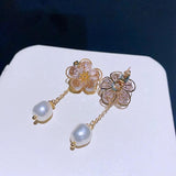 Freshwater Pearl Back Crystal Flower Earrings Jewelry Beaded Stud