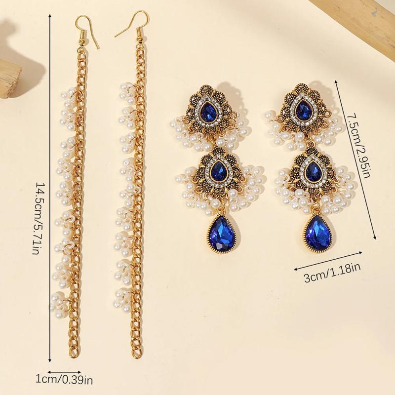 Boho Water Drop Long Earrings Indian Headdress Crystal Pearl Tassel Jewelry