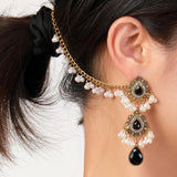 Boho Water Drop Long Earrings Indian Headdress Crystal Pearl Tassel Jewelry