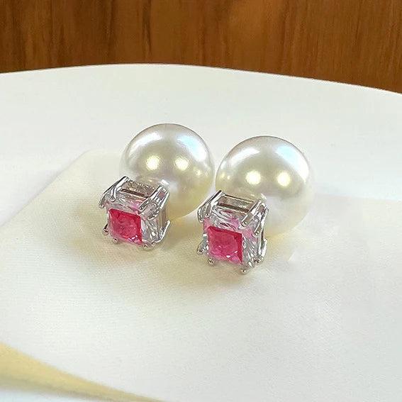Pearl Stud Earrings Square Zirconia Wedding Jewelry