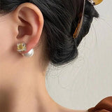 Pearl Stud Earrings Square Zirconia Wedding Jewelry