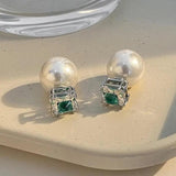 Pearl Stud Earrings Square Zirconia Wedding Jewelry
