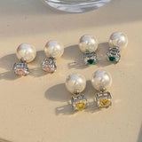Pearl Stud Earrings Square Zirconia Wedding Jewelry