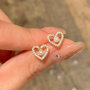 Zircon Heart Stud Earring Flower Pearl Girl Party Jewelry