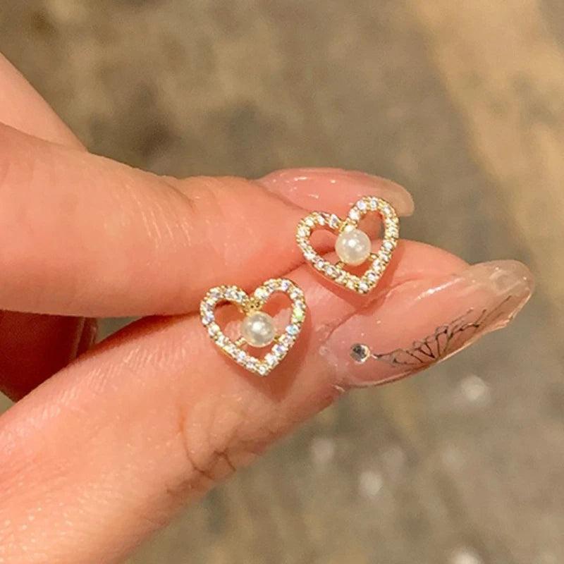 Zircon Heart Stud Earring Flower Pearl Girl Party Jewelry