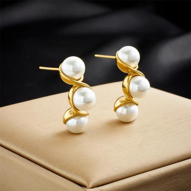 316L Stainless Steel Pearl Peanut C-Shape Stud Earrings For Women Girl