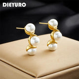 316L Stainless Steel Pearl Peanut C-Shape Stud Earrings For Women Girl