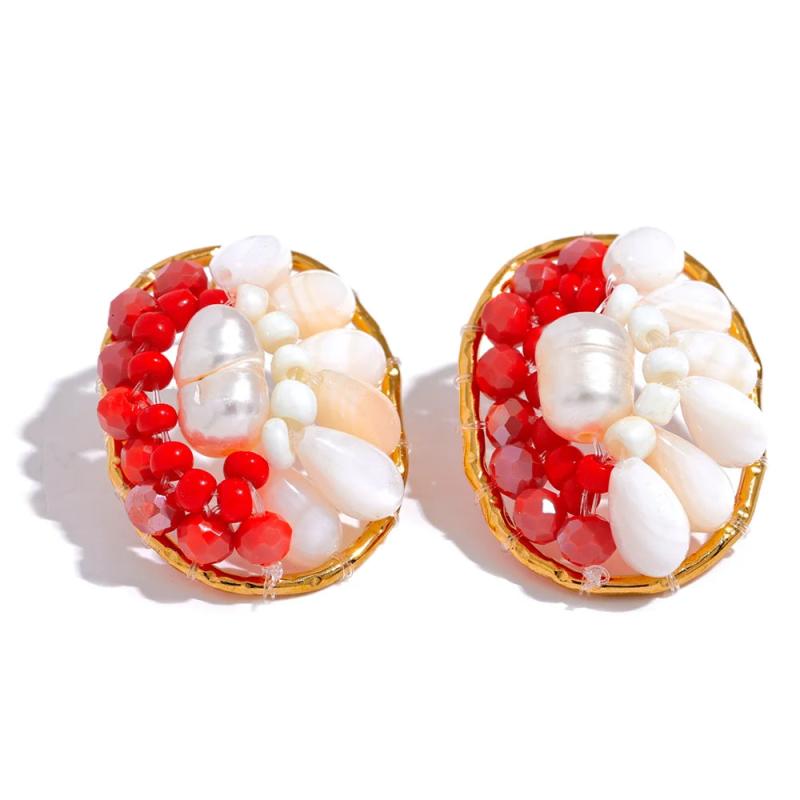 Shell Pearls Red Geometric Stud Earrings Stainless Steel Gift