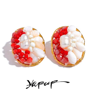 Shell Pearls Red Geometric Stud Earrings Stainless Steel Gift