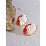 Shell Pearls Red Geometric Stud Earrings Stainless Steel Gift