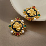 Vintage High Brass Simulated Pearl Earrings