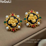Vintage High Brass Simulated Pearl Earrings