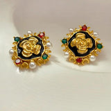 Vintage High Brass Simulated Pearl Earrings
