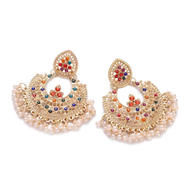 Colorful CZ Indian Jhumka Earrings Plated Geometric Pearl Tassel Wedding Jewelry