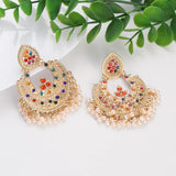 Colorful CZ Indian Jhumka Earrings Plated Geometric Pearl Tassel Wedding Jewelry