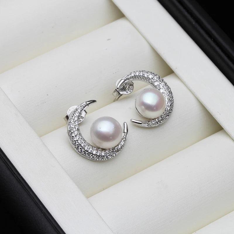 Moon Stud Earrings For Women, Bohemian Freshwater Pearl Earrings